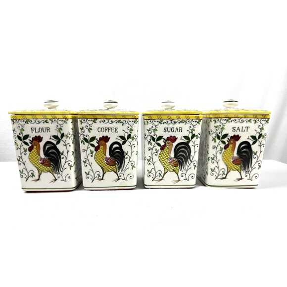 Vintage "Rooster and Roses" Kitchen Set of 4 Canisters Early Provincial Japan - Picture 1 of 16